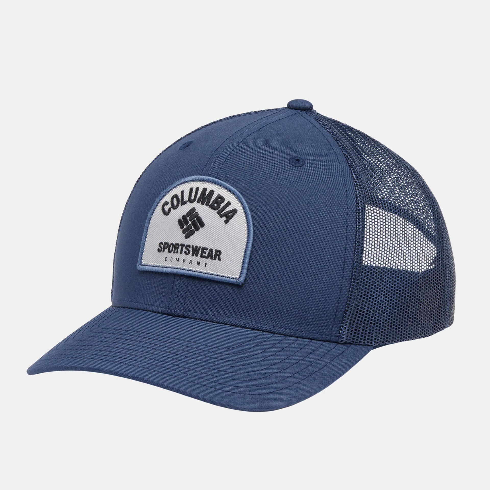 Blue Columbia Sportswear logo snapback cap with mesh back and curved visor