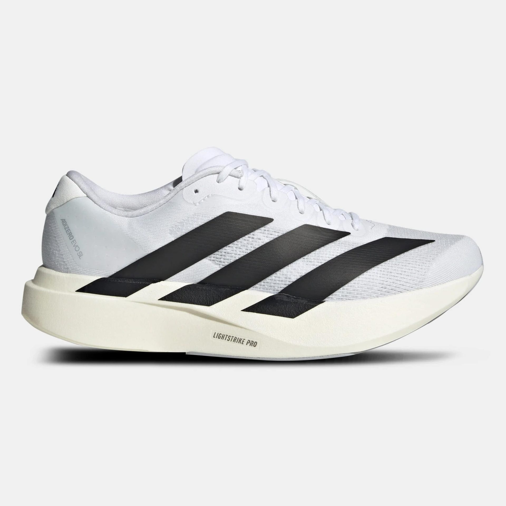 adidas Adizero EVO SL men’s white running shoes with black three-stripe design and lightweight sole.