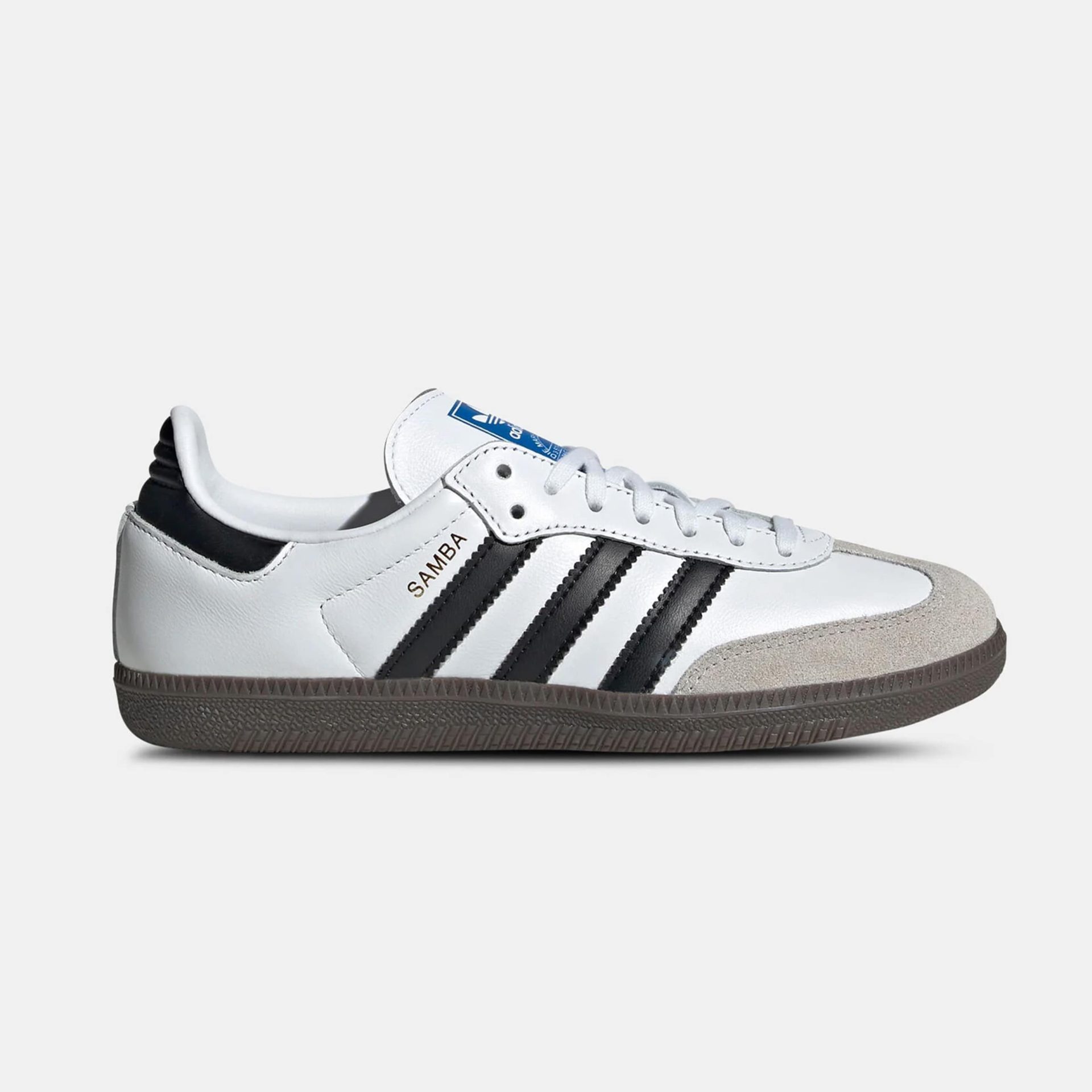 adidas Originals Samba OG kids’ sneakers in white and black with suede toe and gum sole.