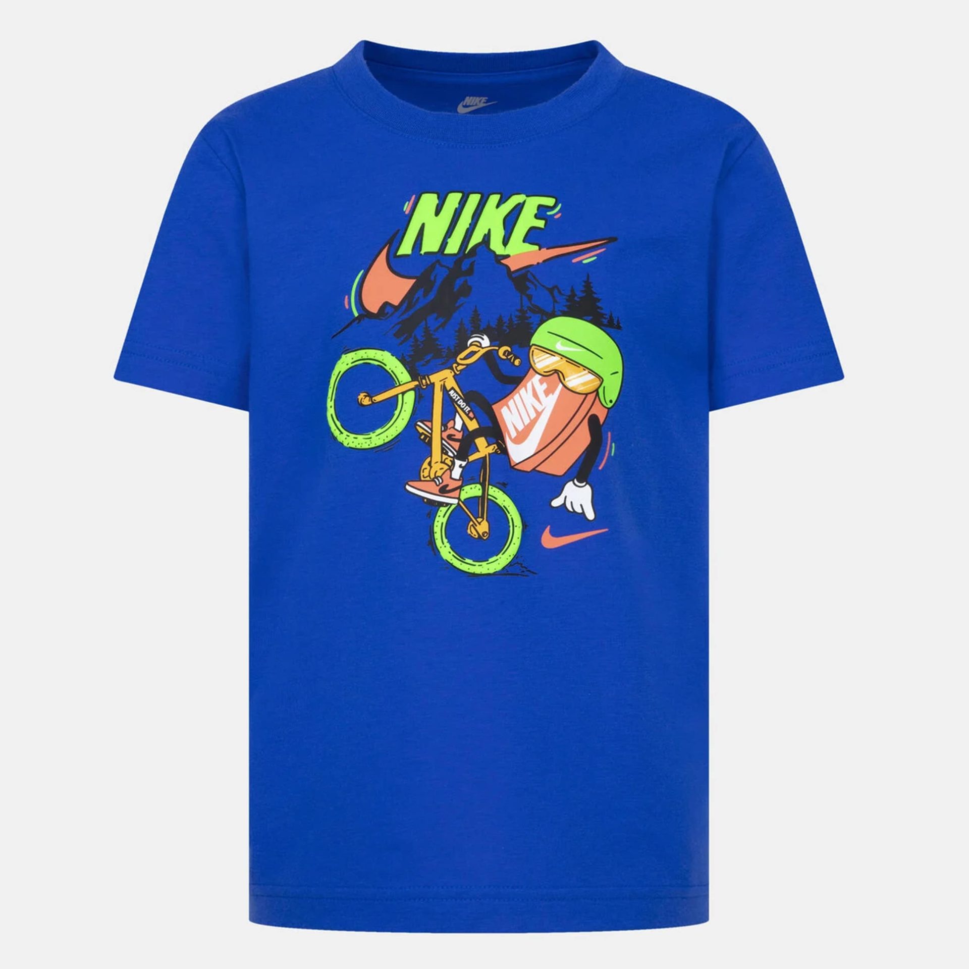 Nike kids blue graphic t-shirt featuring illustrated biking character design.