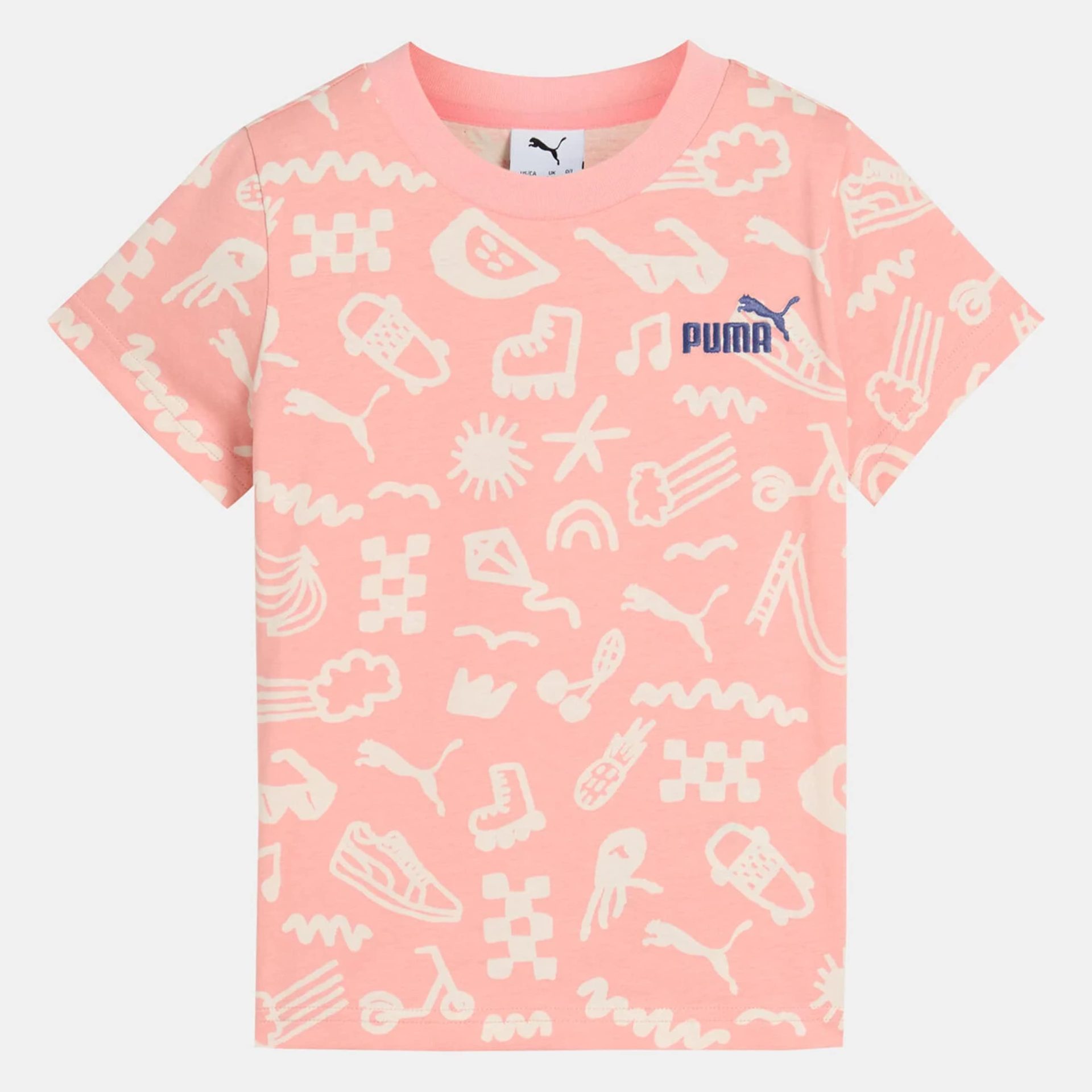 Puma kids pink all-over print t-shirt with playful graphic icons.