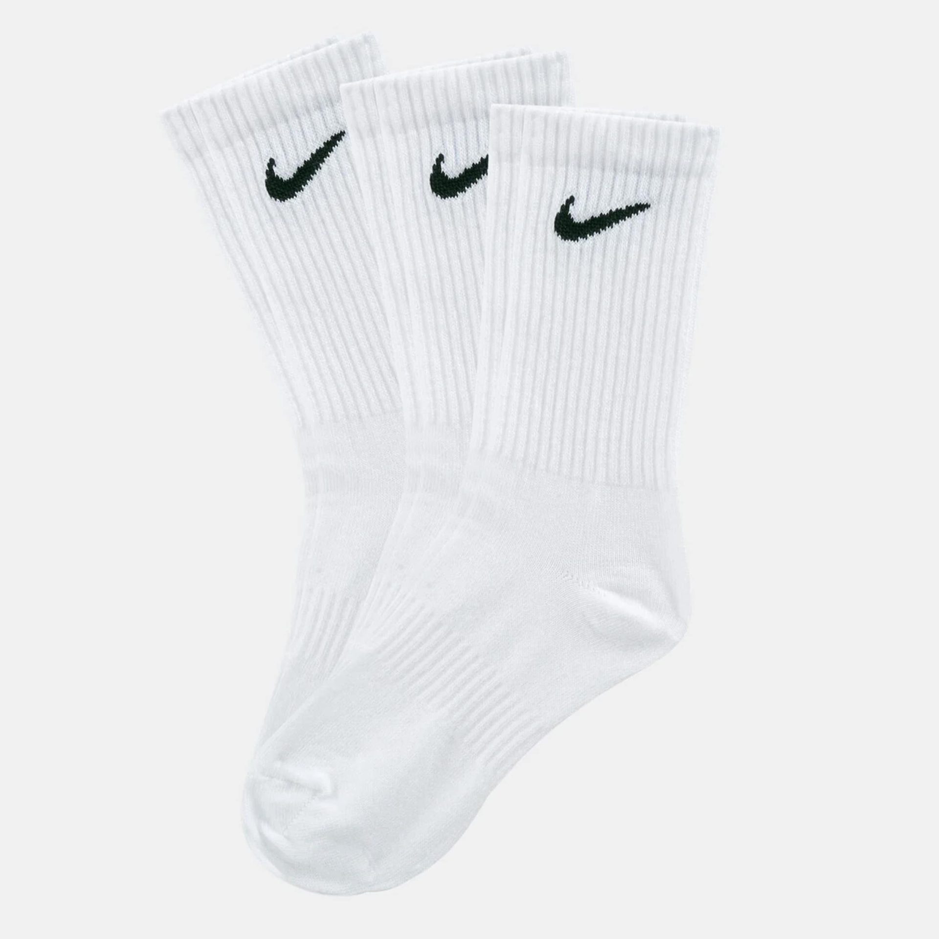 Nike white crew socks set with ribbed texture and black swoosh logo.