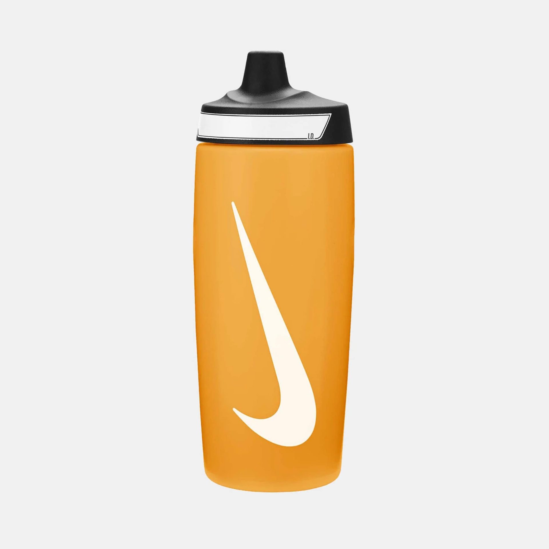 Nike orange water bottle with black lid and large white swoosh graphic.