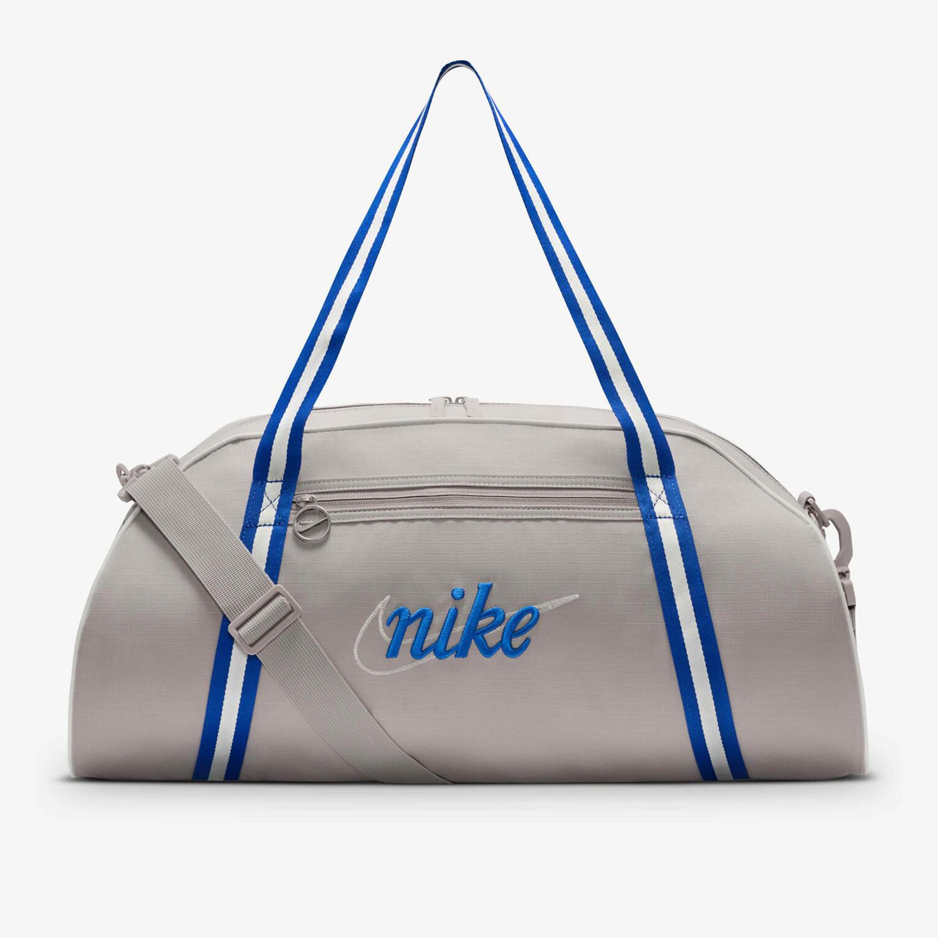 Nike grey duffel gym bag with blue shoulder straps and embroidered logo.