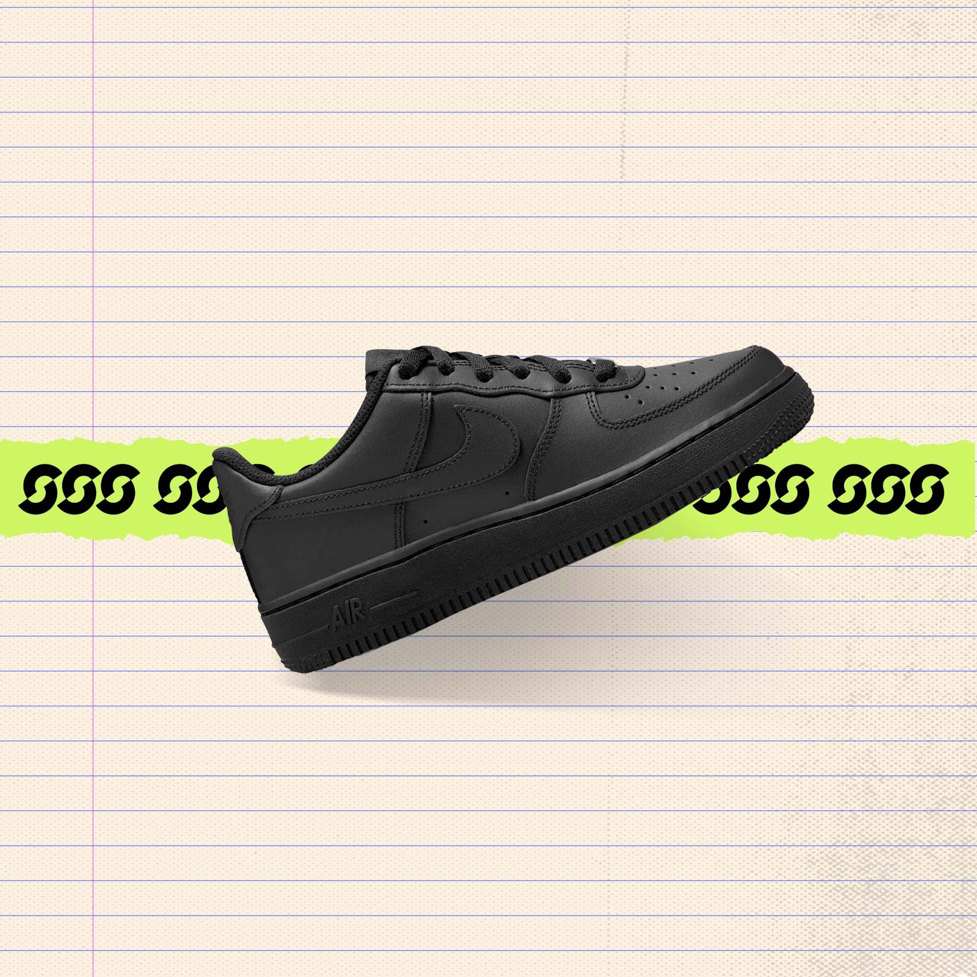 All-black leather low-top sneaker with black laces and matching sole, angled side view — black school shoes, classic back to school sneaker