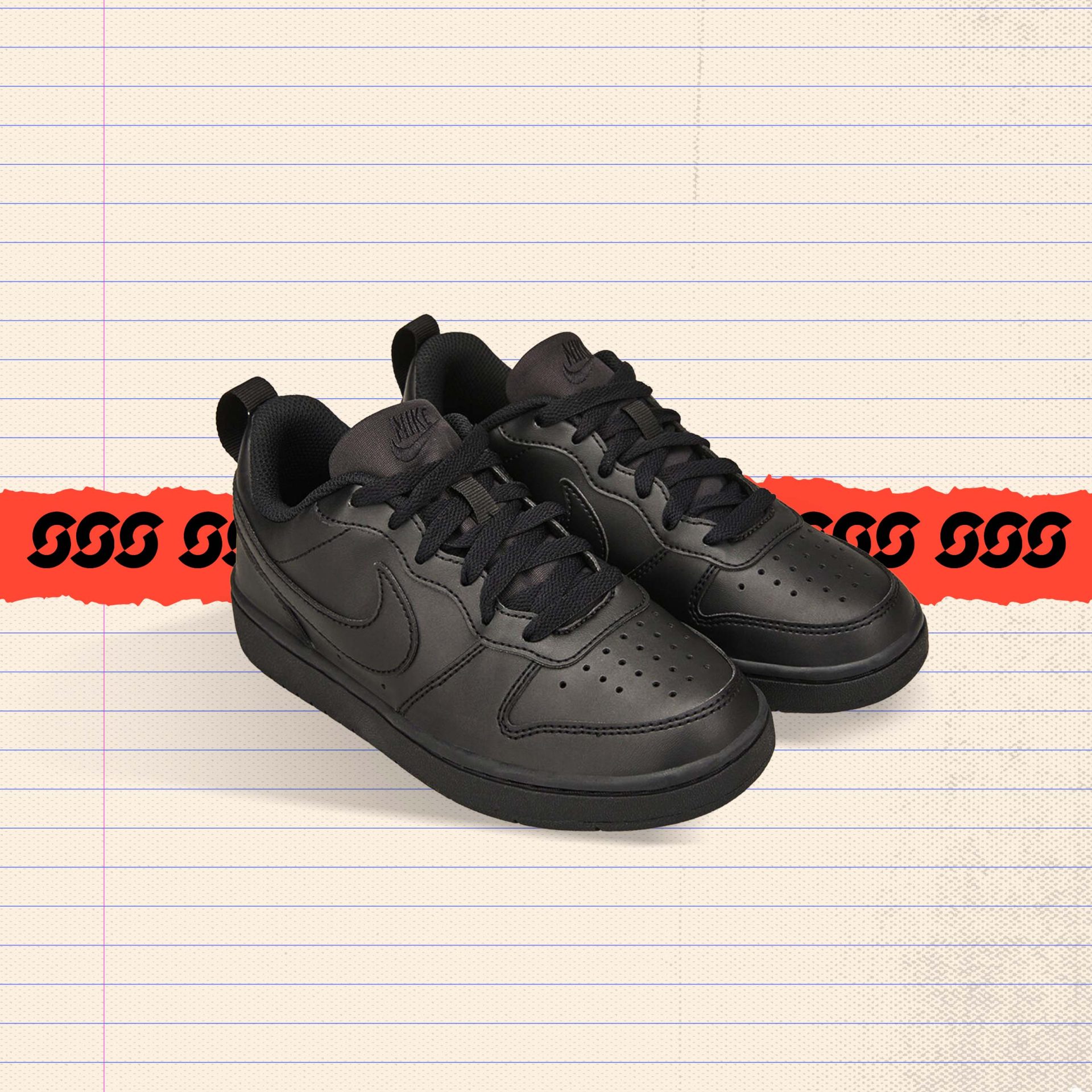 All-black low-top kids' sneaker with black laces, black sole, and Nike logo on the side — black school shoes for boys and girls