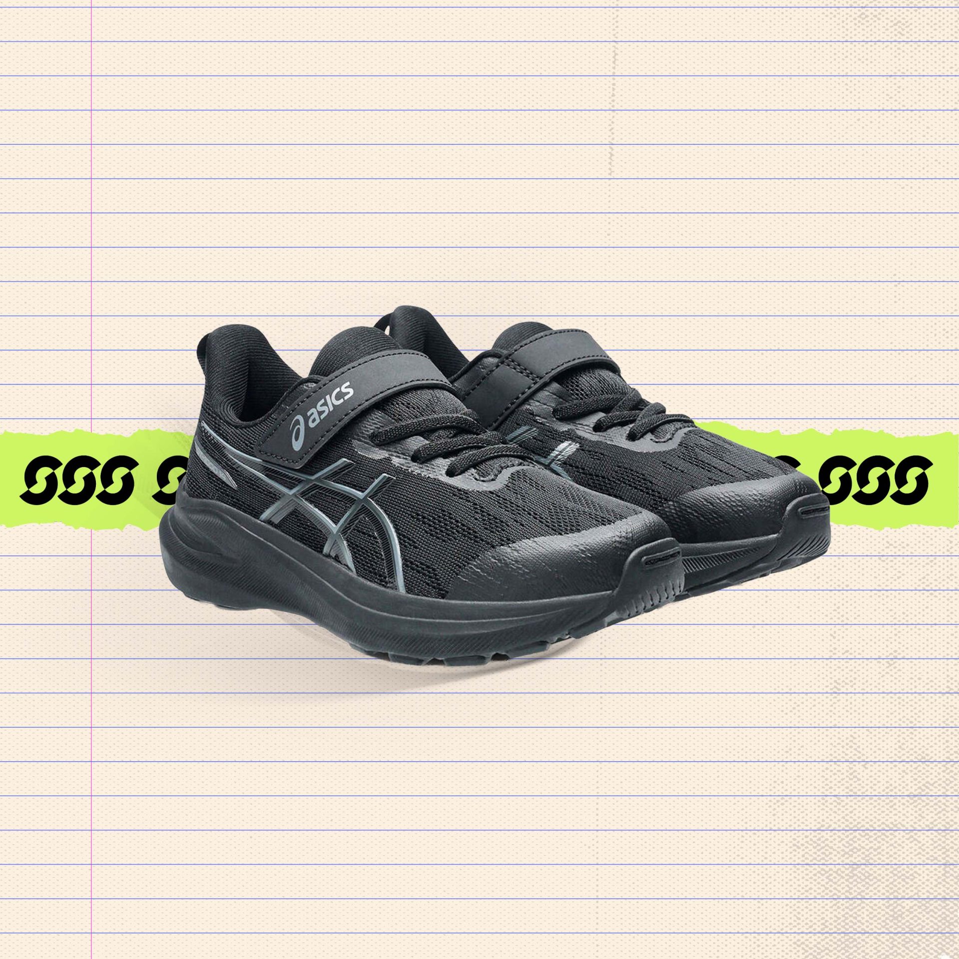 Black kids' running shoe with grey ASICS logo, mesh upper, and hook-and-loop strap above the laces — black school shoes for active kids