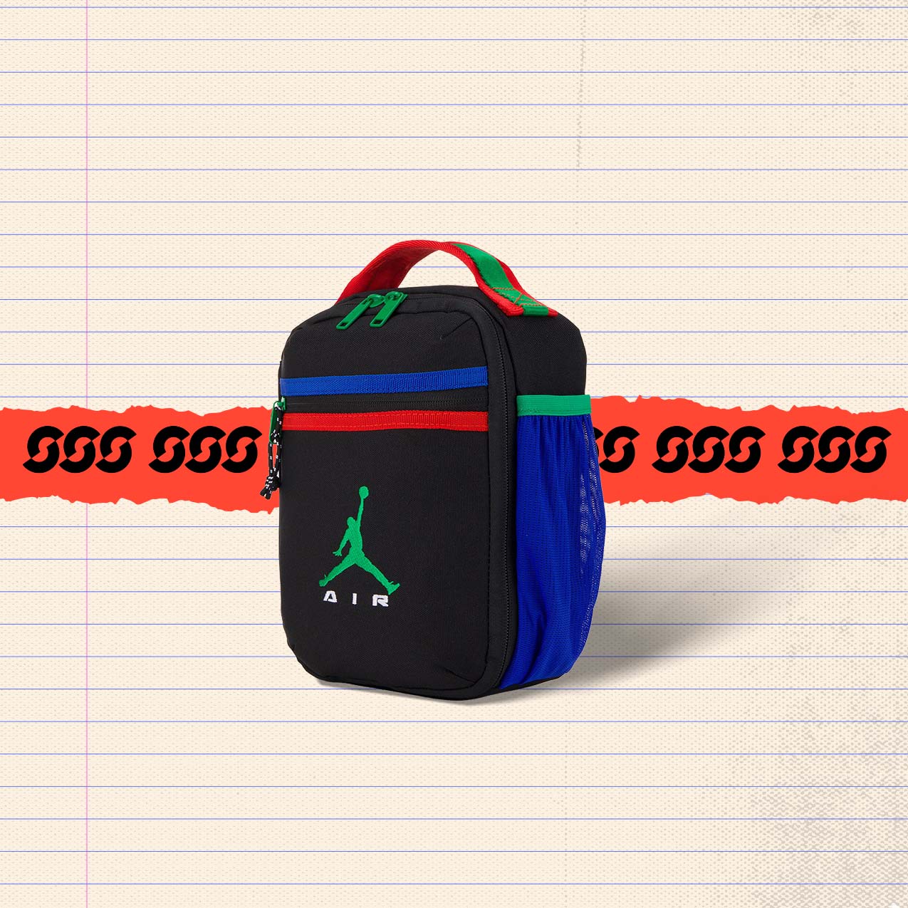 Jordan Kids' Air Raid Fuel lunch bag in black with green Jumpman logo and blue mesh side pocket