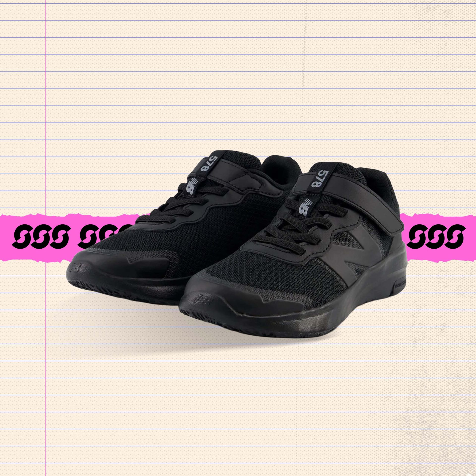 All-black kids' sneaker with mesh upper, bungee laces, and a hook-and-loop strap across the top — black school shoes