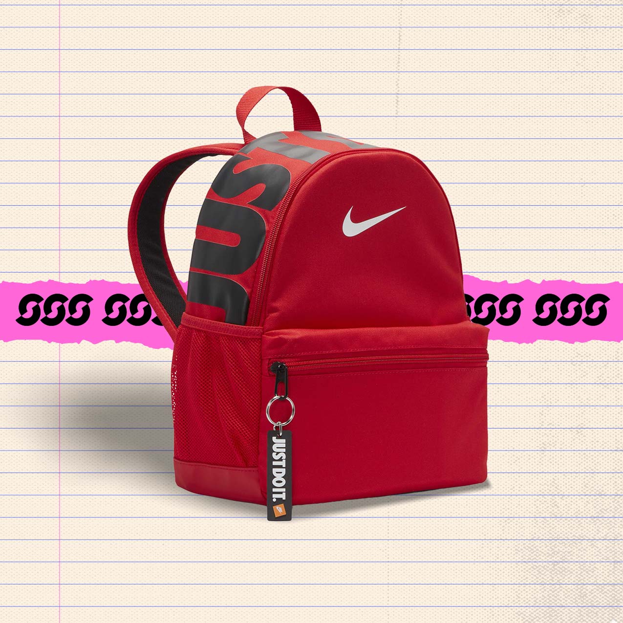 Red Nike Kids' Brasilia JDI mini backpack with Just Do It pull tag