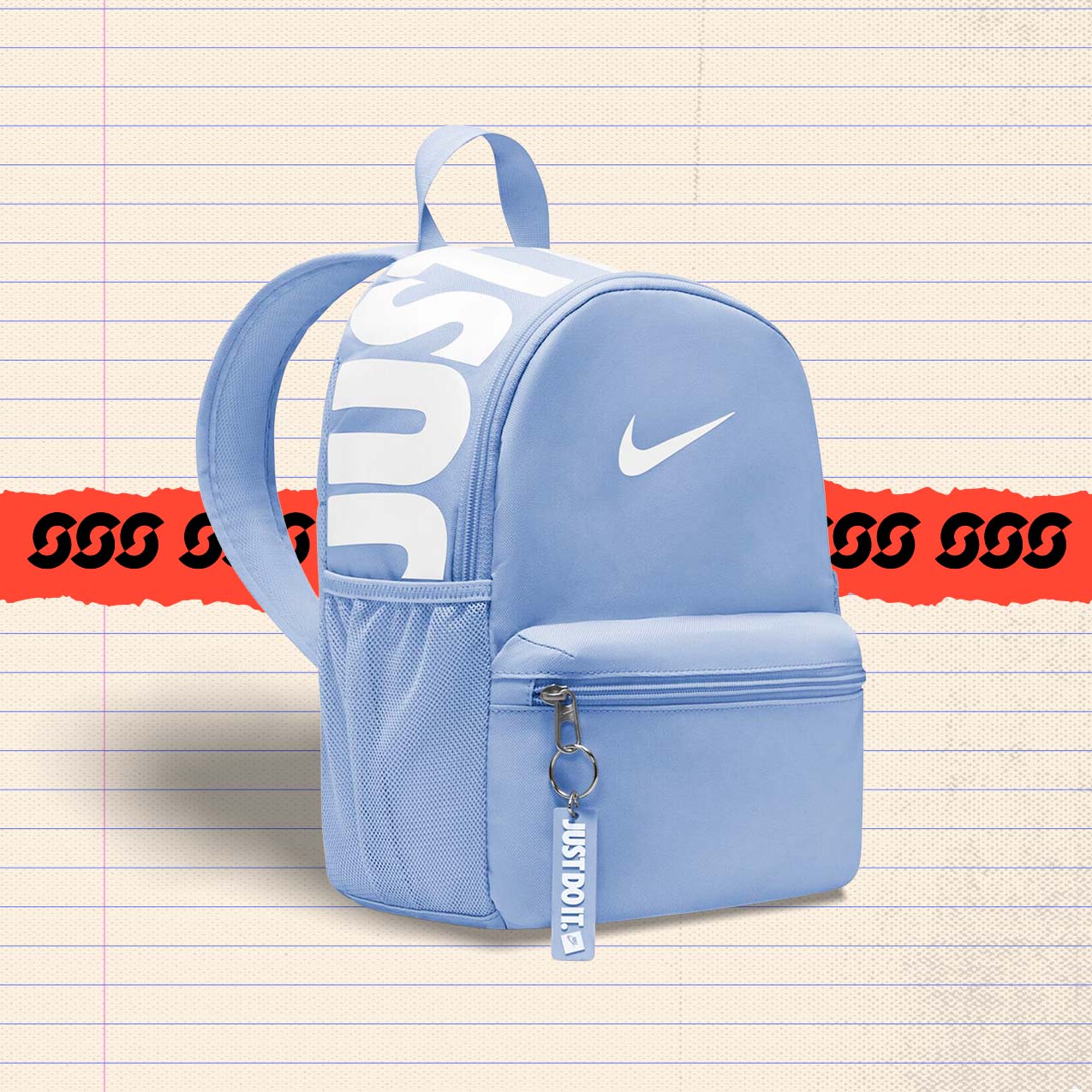 Red Nike Kids' Brasilia JDI mini backpack with Just Do It pull tag