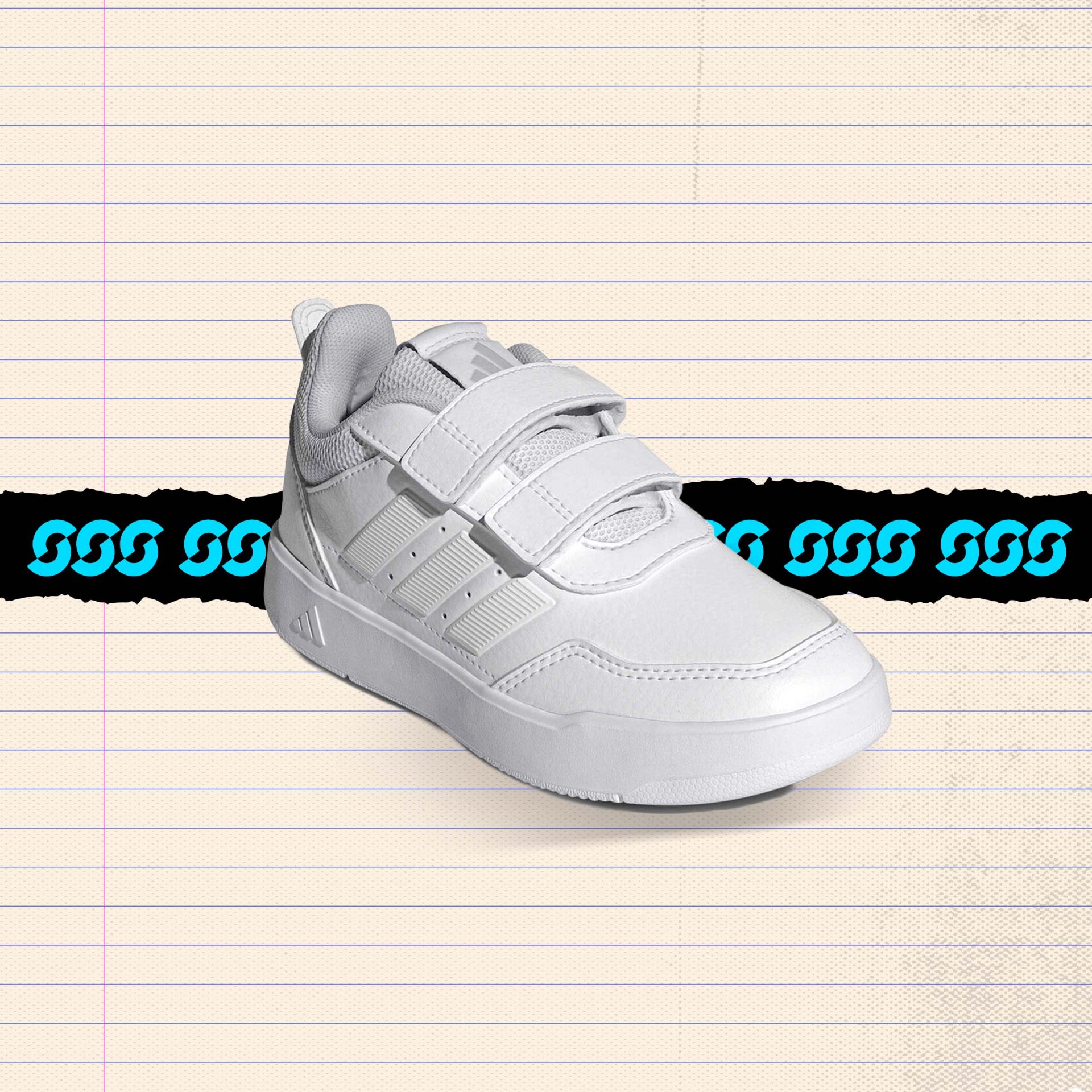 White kids' sneaker with white three-stripe branding and double hook-and-loop straps — white PE sneakers for school