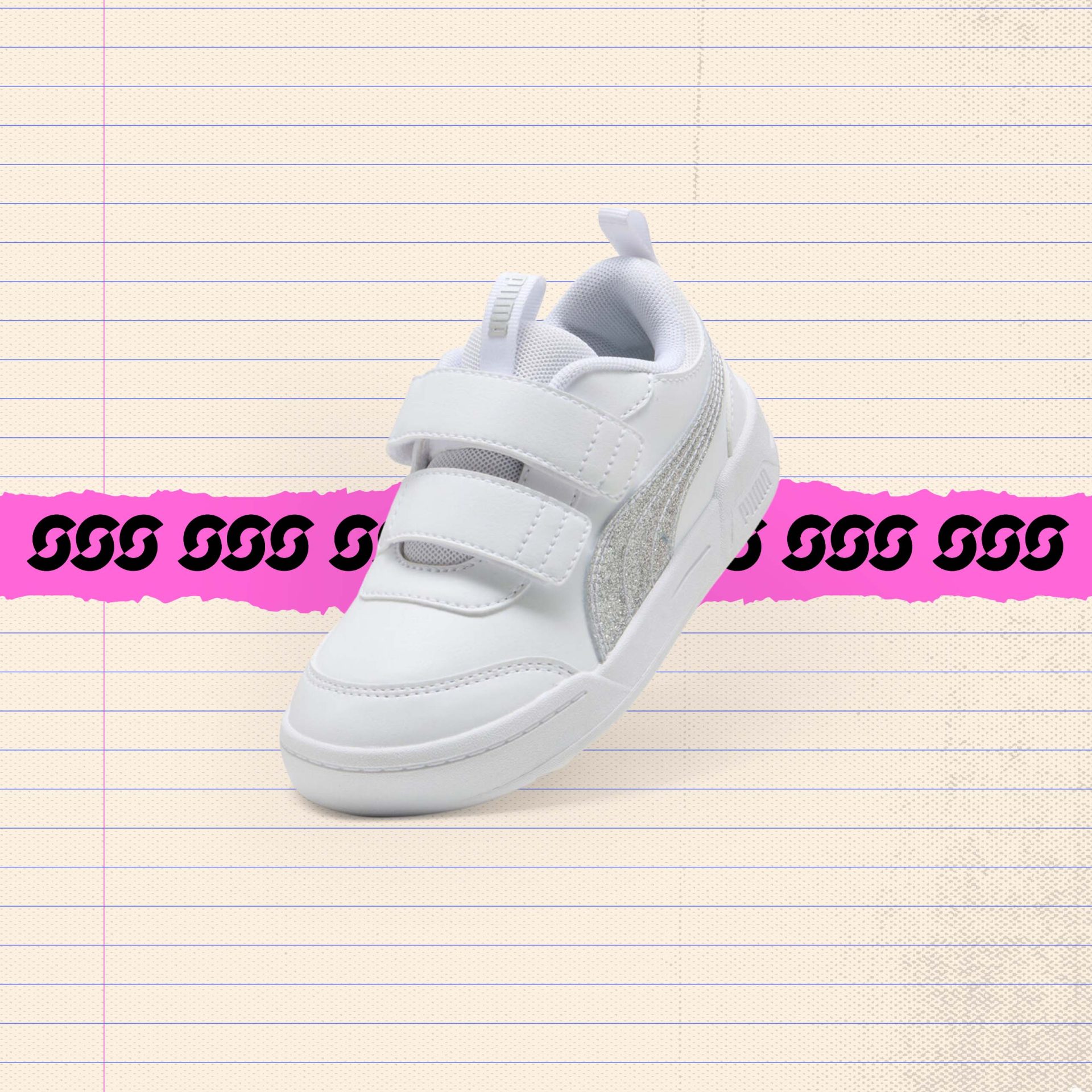 White kids' sneaker with double hook-and-loop straps and a sparkly silver glitter side panel — white PE shoes with easy-on straps