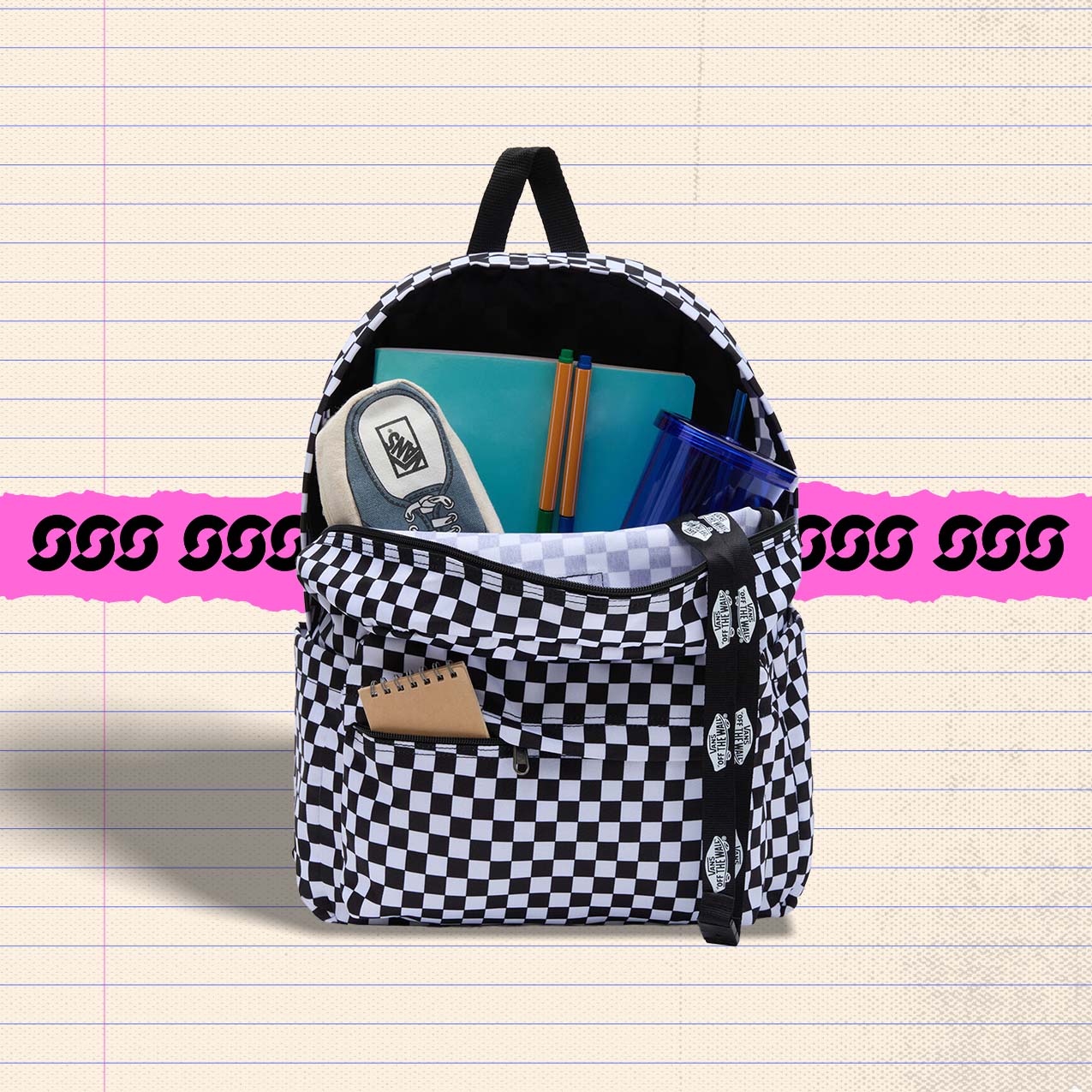 Vans Old Skool checkerboard backpack, 22L, packed with school supplies